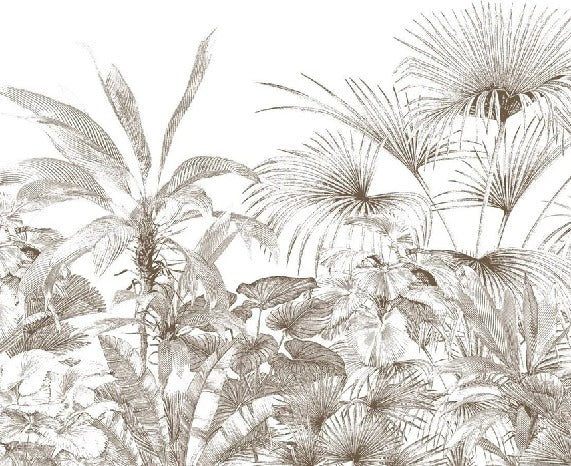 Carta da parati con incisioni monocromatiche tropicali