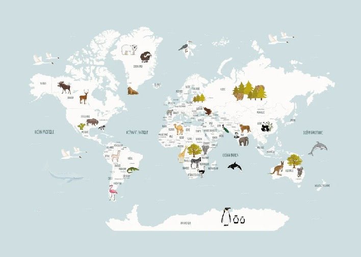 Mappa del mondo per bambini in carta da parati francese blu ghiaccio