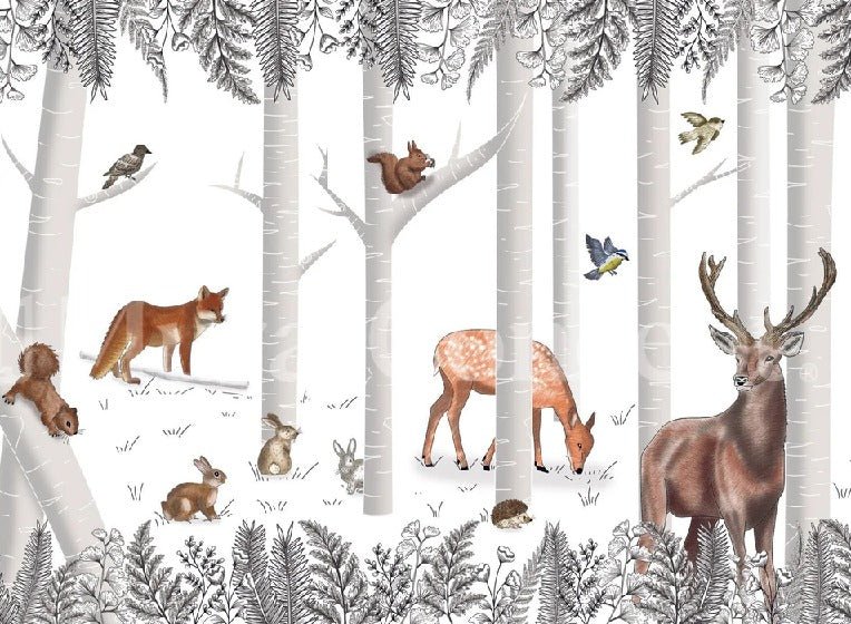 Carta da parati con animali e legno incantato