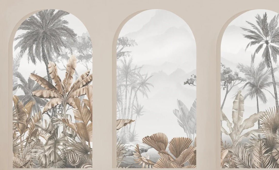Carta da parati con archi tropicali color seppia