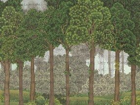 Carta da parati illustrata con grandi alberi