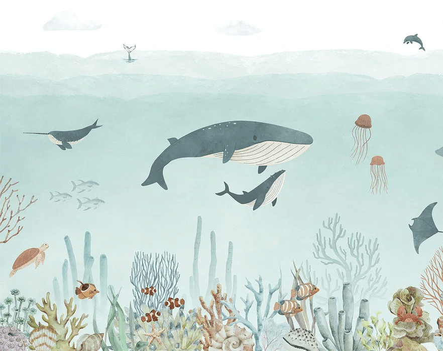 Carta da parati blu con balene per bambini