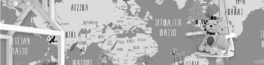 Carta da parati per camera bambini con mappa di animali grigi