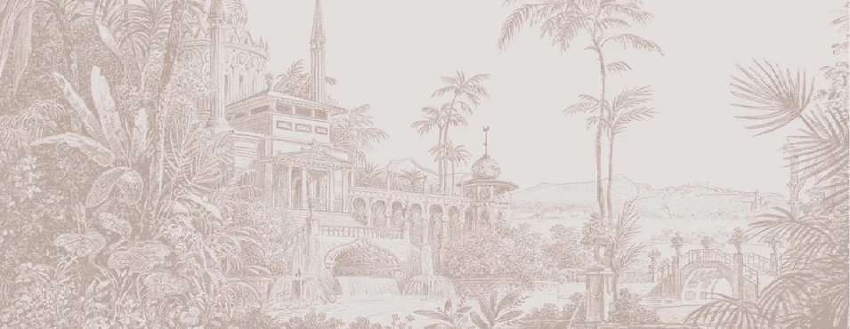 Carta da parati giungla tempio monocromatica