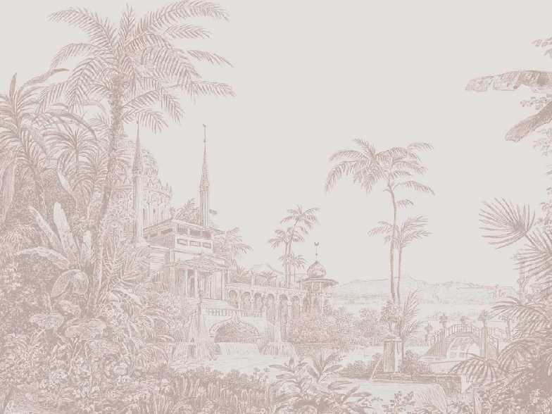 Carta da parati giungla tempio monocromatica