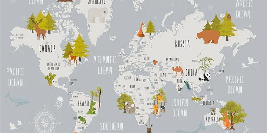 Carta da parati per camera bambini con animali grigio chiaro