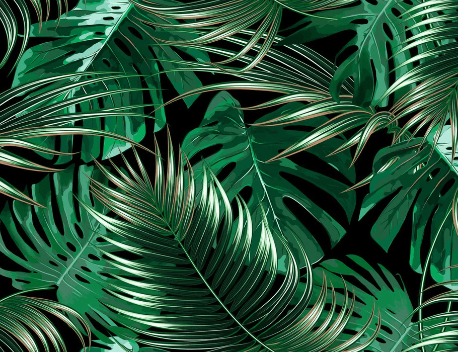 Carta da parati intrecciata con grandi foglie verdi