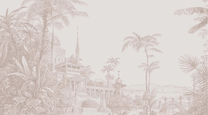 Carta da parati giungla tempio monocromatica