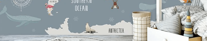 Carta da parati per camera bambini con mappa di animali grigi