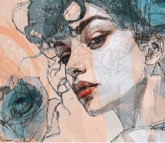 Carta da parati con volto femminile blu rosa