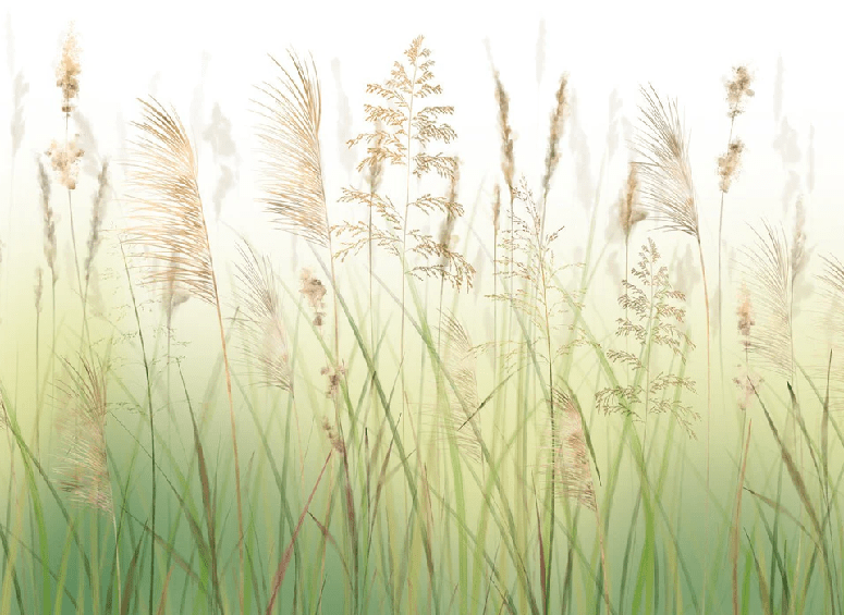Carta da parati con motivo floreale su sfondo di campi di grano sfumato