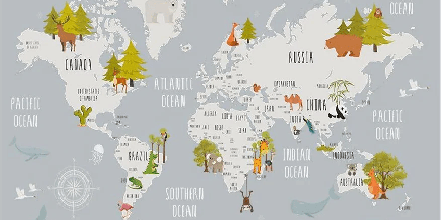 Carta da parati per camera bambini con animali grigio chiaro