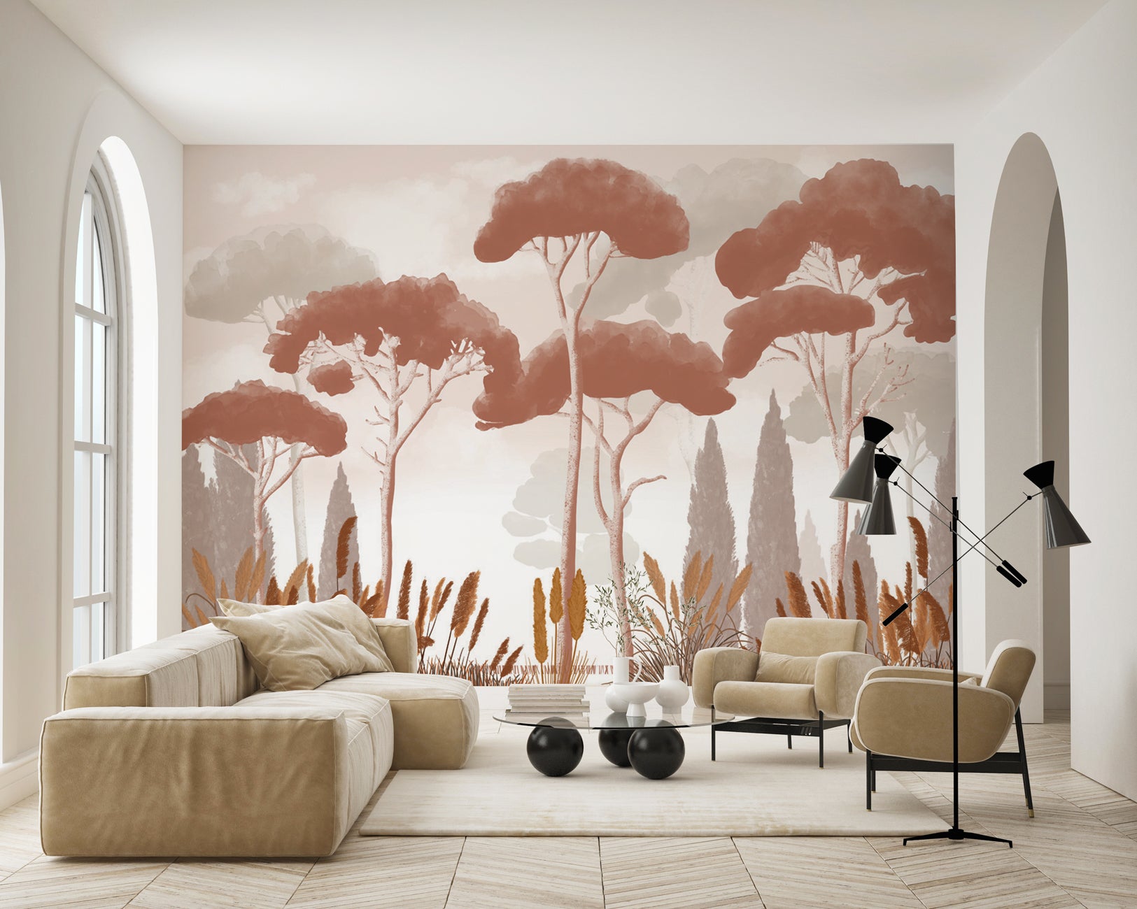 Papier peint cyprès pins et herbes de la pampa terracotta, XXL, tendance