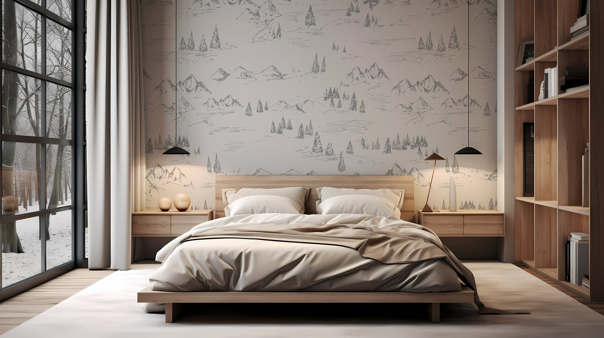 Papier peint illustration montagne et sapin, XXL, tendance