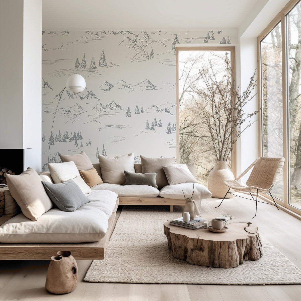 Carta da parati con illustrazione di montagna e abete