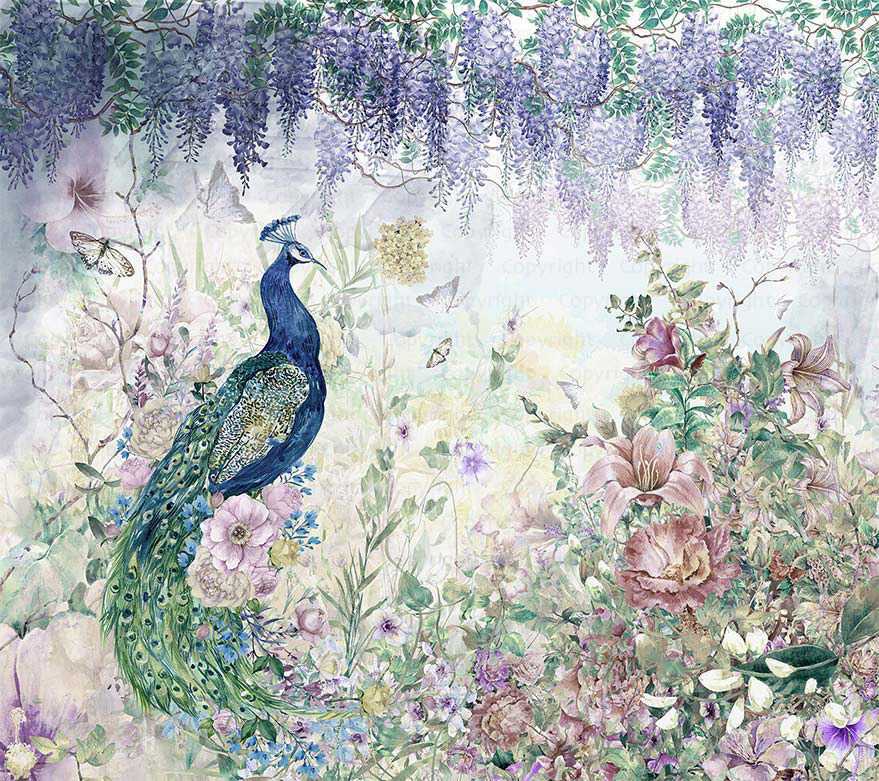 Papier Peint panoramique Peacock bleu paon floral, XXL, tendance