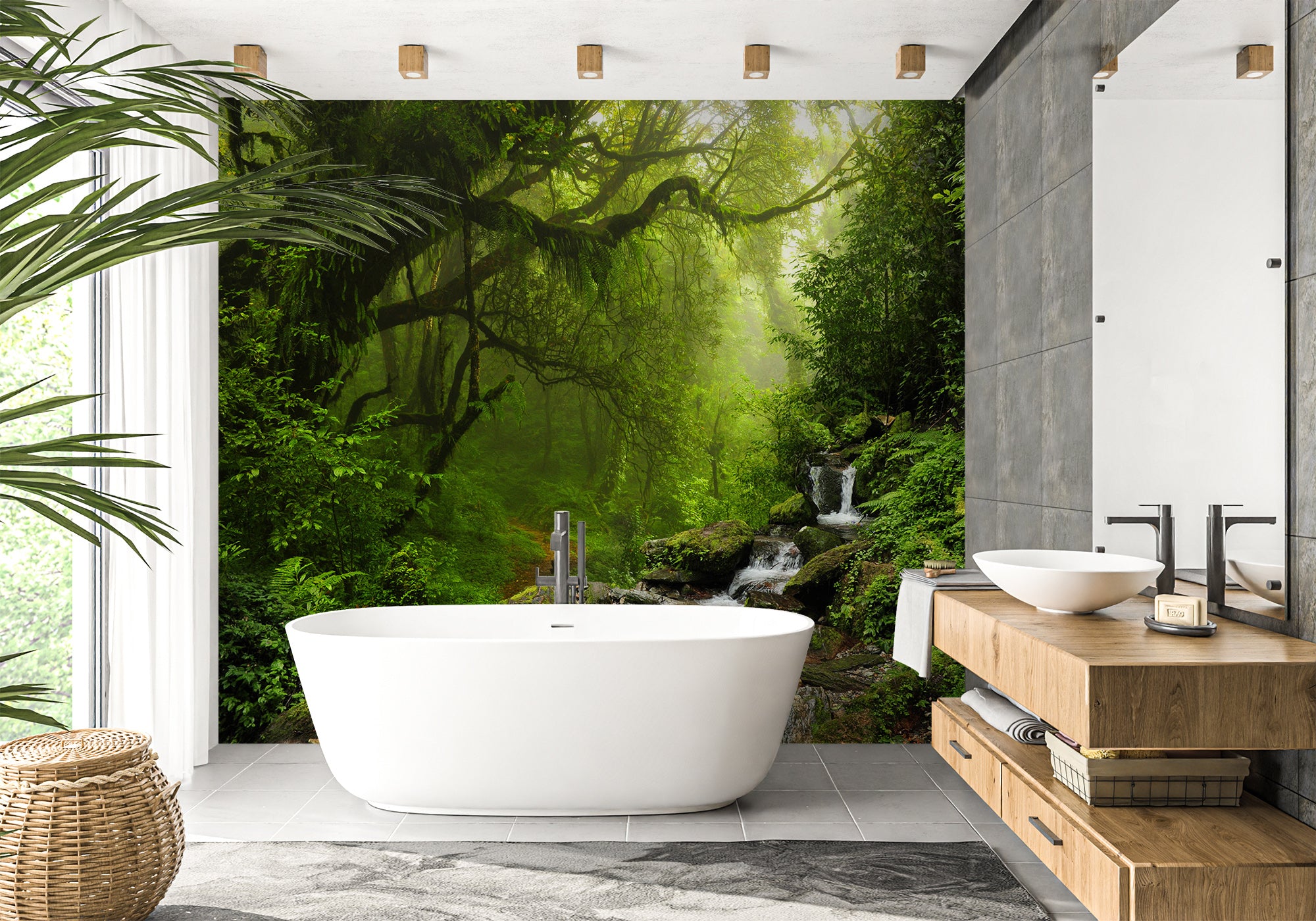Papier peint salle de bain Cascade & Forêt, mural concept, tendance