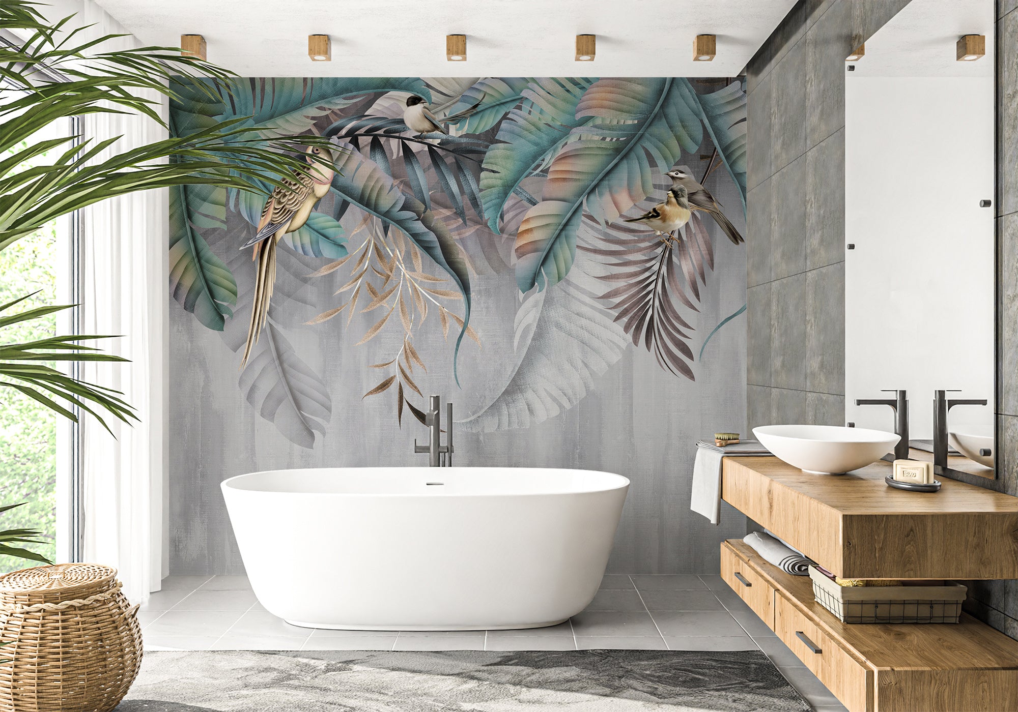 Papier peint salle de bain Feuilles & Birds, mural concept, tendance