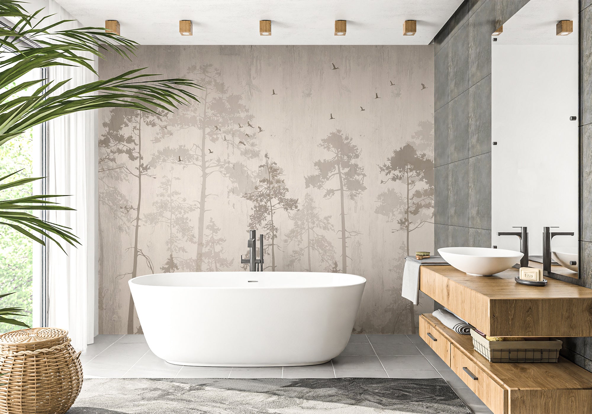 Papier peint salle de bain forêt automnale, mural concept, tendance