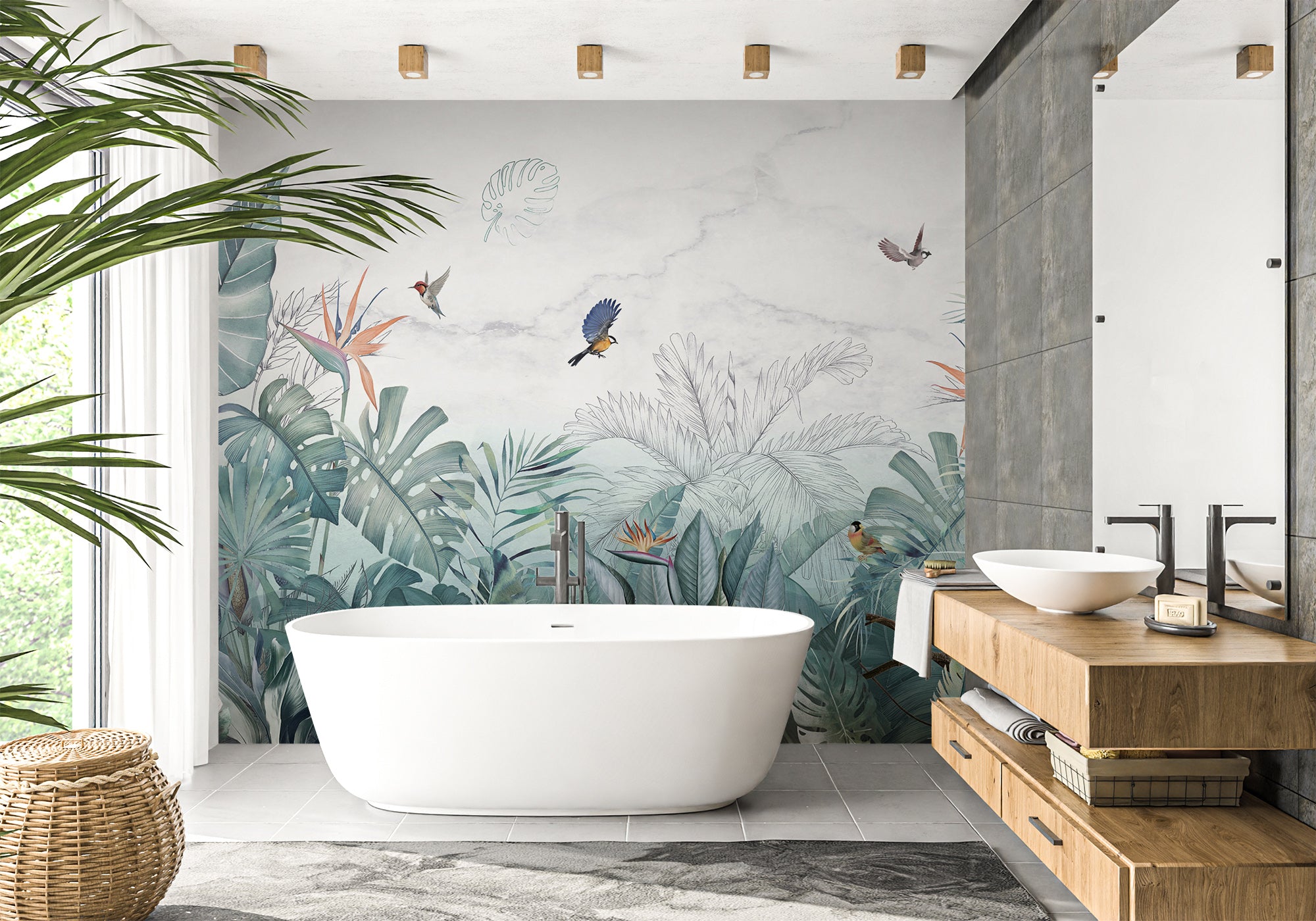 Papier peint salle de bain jungle bleu marbre, mural concept, tendance