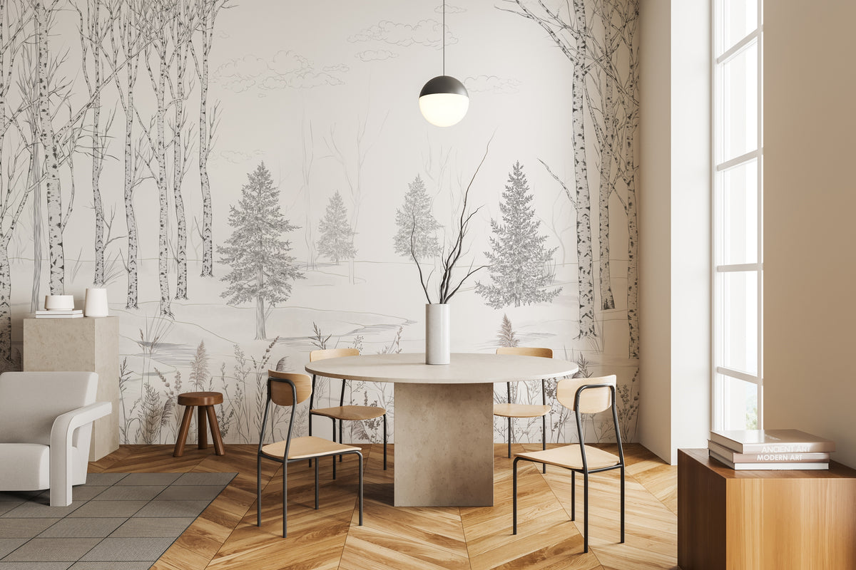 Carta da parati foresta in bianco e nero – Douceur des Bois