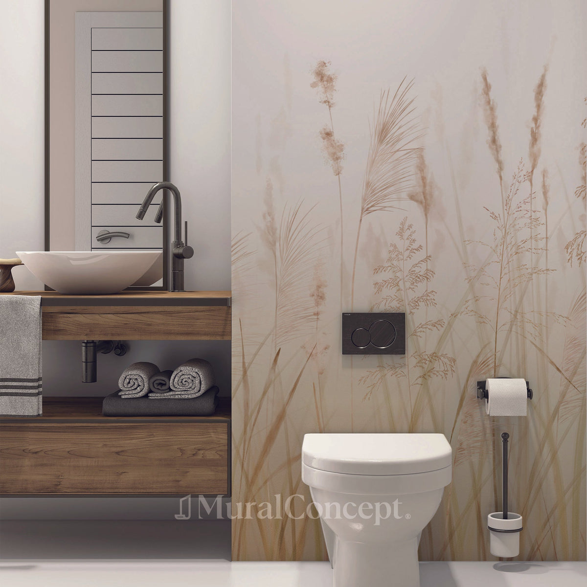 Carta da parati per bagno con motivo floreale su campo di grano beige