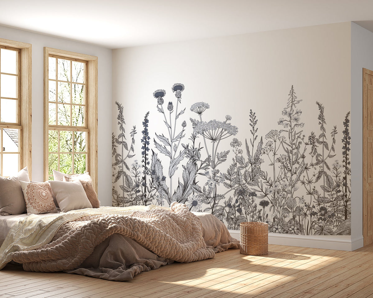 Carta da parati botanica folk in bianco e nero