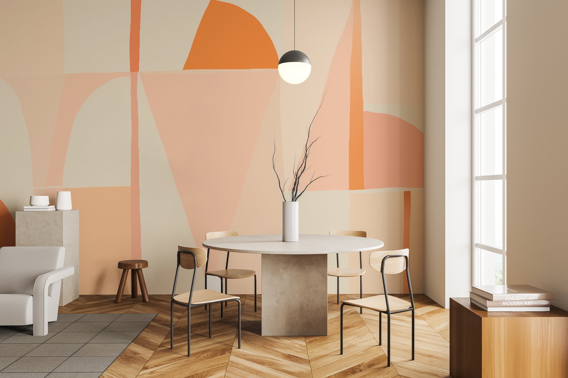 Papier peint abstrait géométrique peach, mural concept, tendance