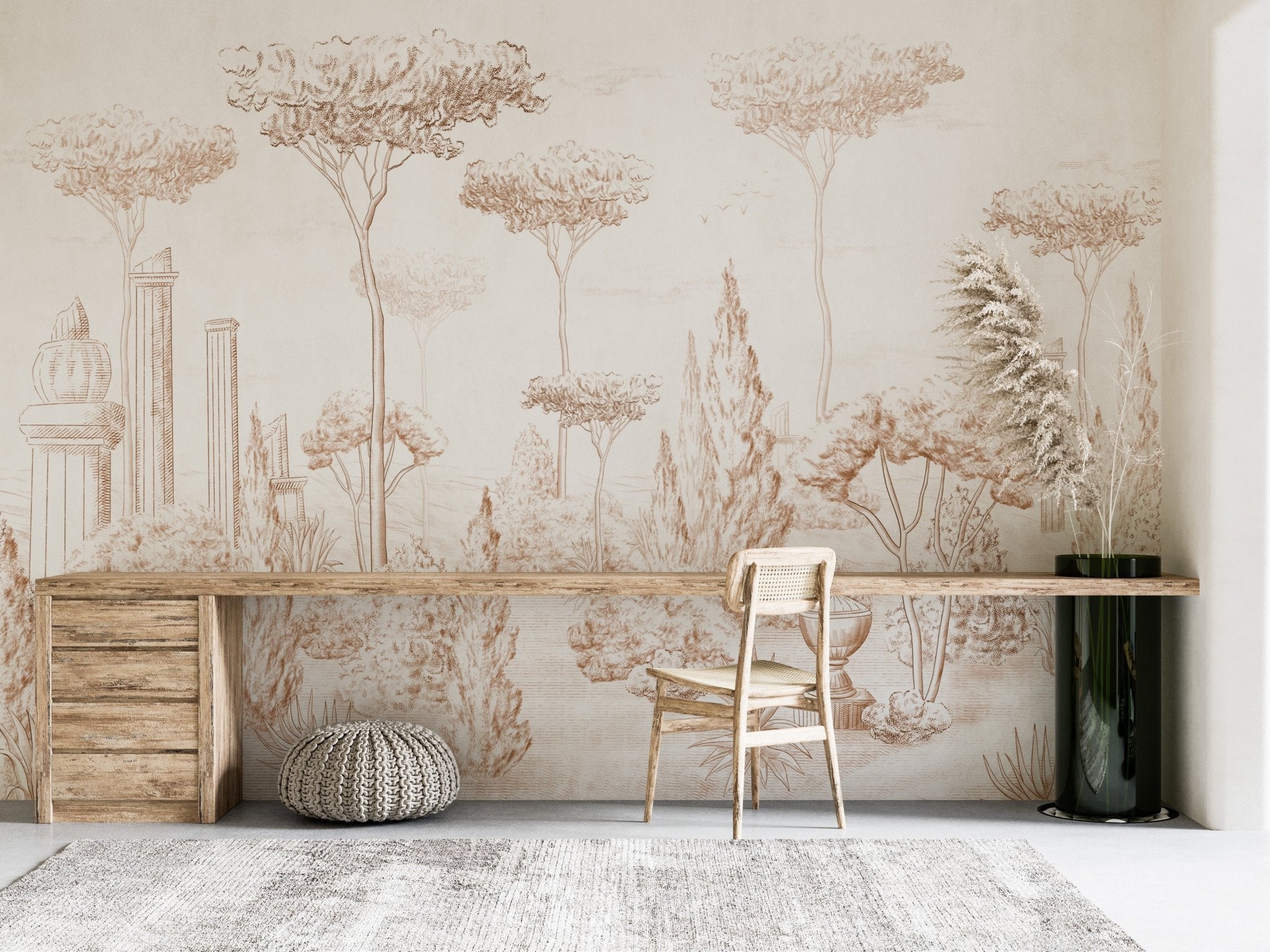 Papier peint style romain pinède sépia, mural concept, tendance
