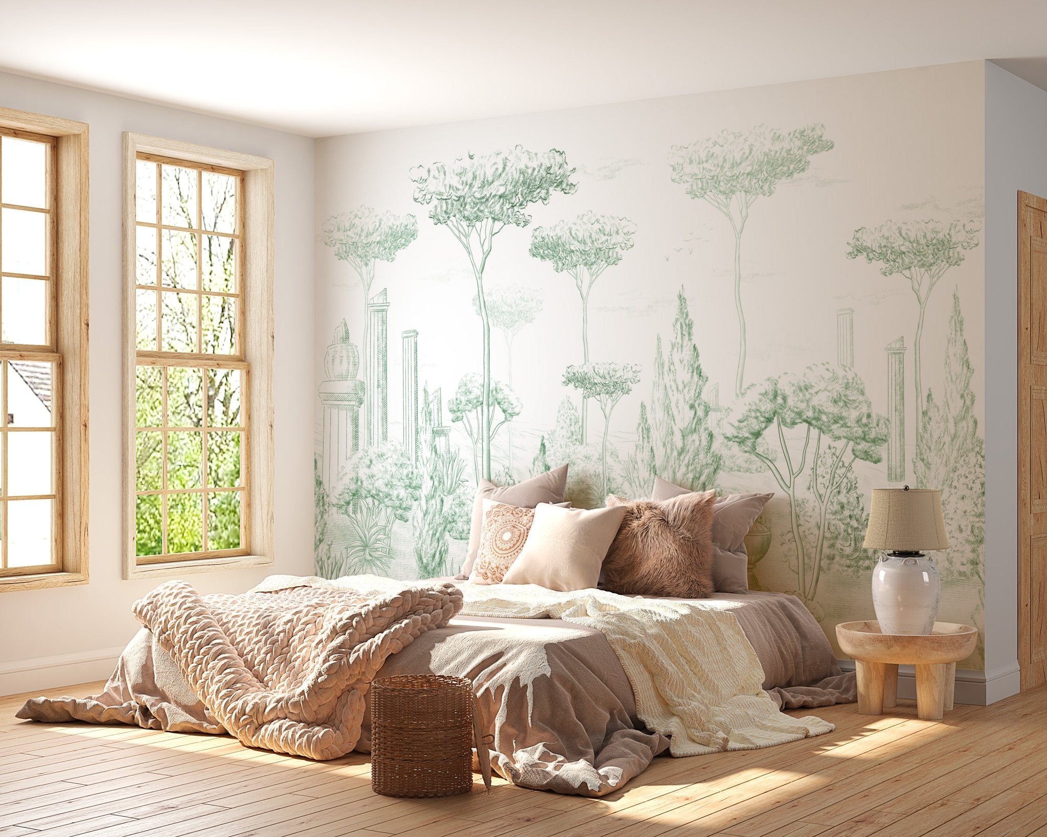 Papier peint style romain pinède vert, mural concept, tendance