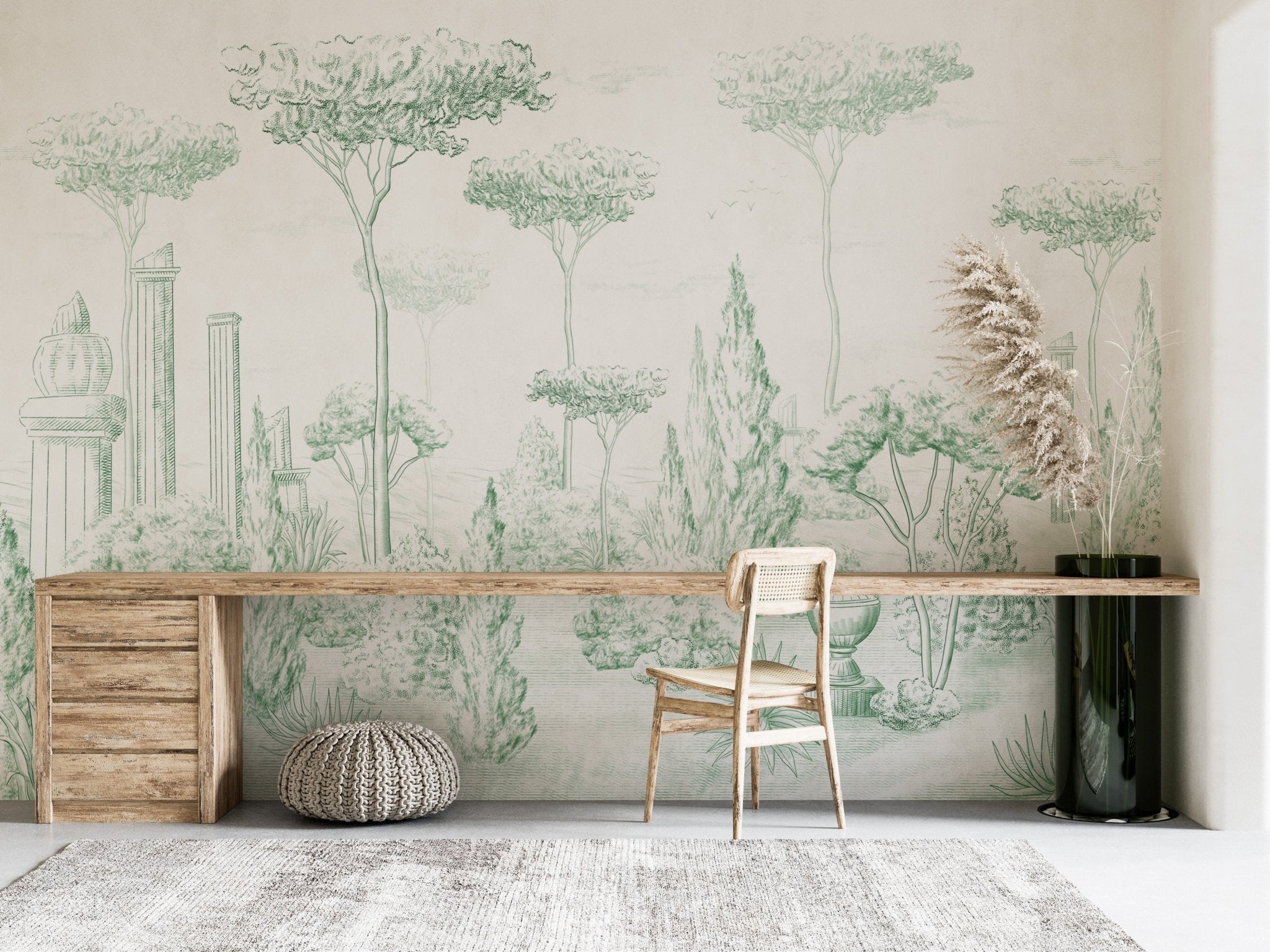 Papier peint style romain pinède vert, mural concept, tendance
