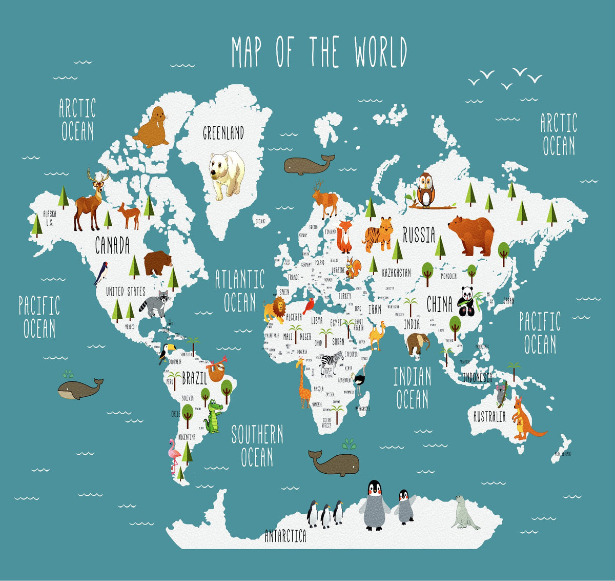 Carta da parati Mappa del mondo illustrata Anatra animali blu L352cm x H253cm