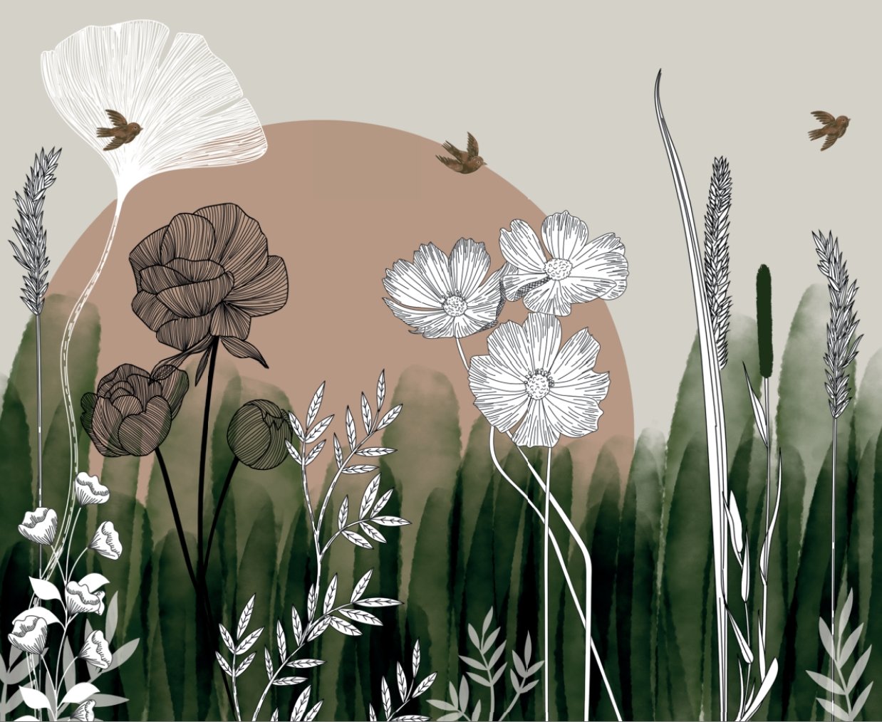 VP Papier peint panoramique illustration florale - panoramique français