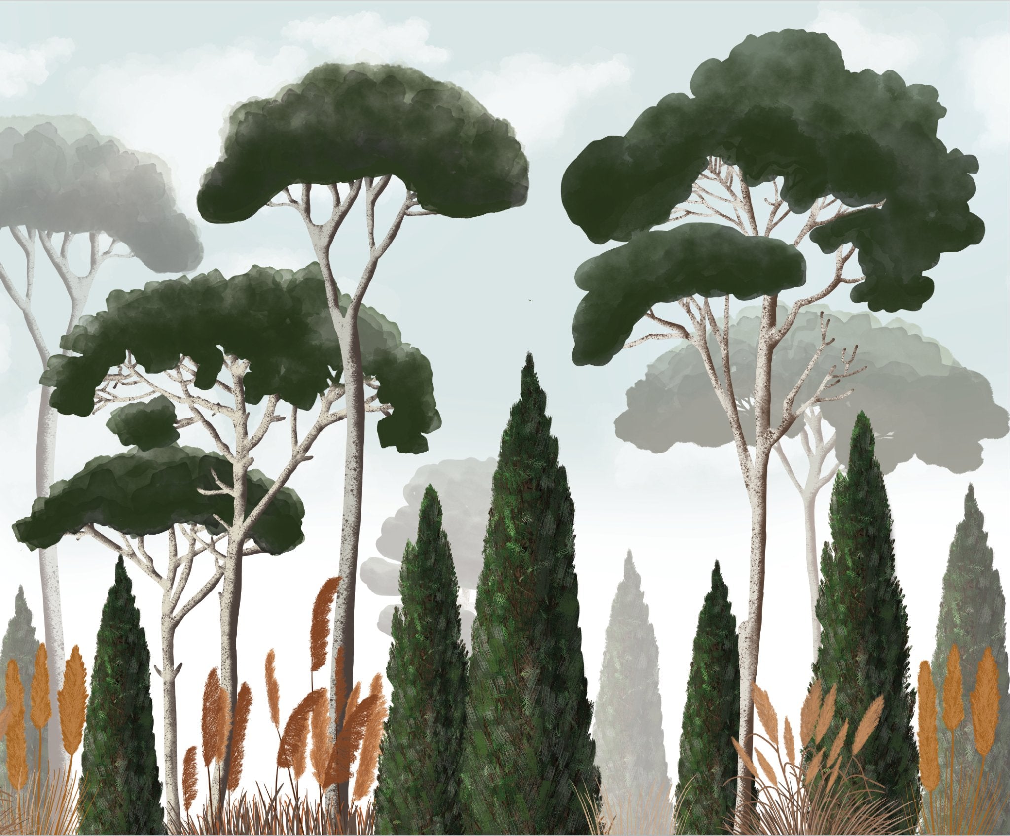 VP Papier peint sur mesure cyprès pins et herbes de la pampa, mural concept, tendance