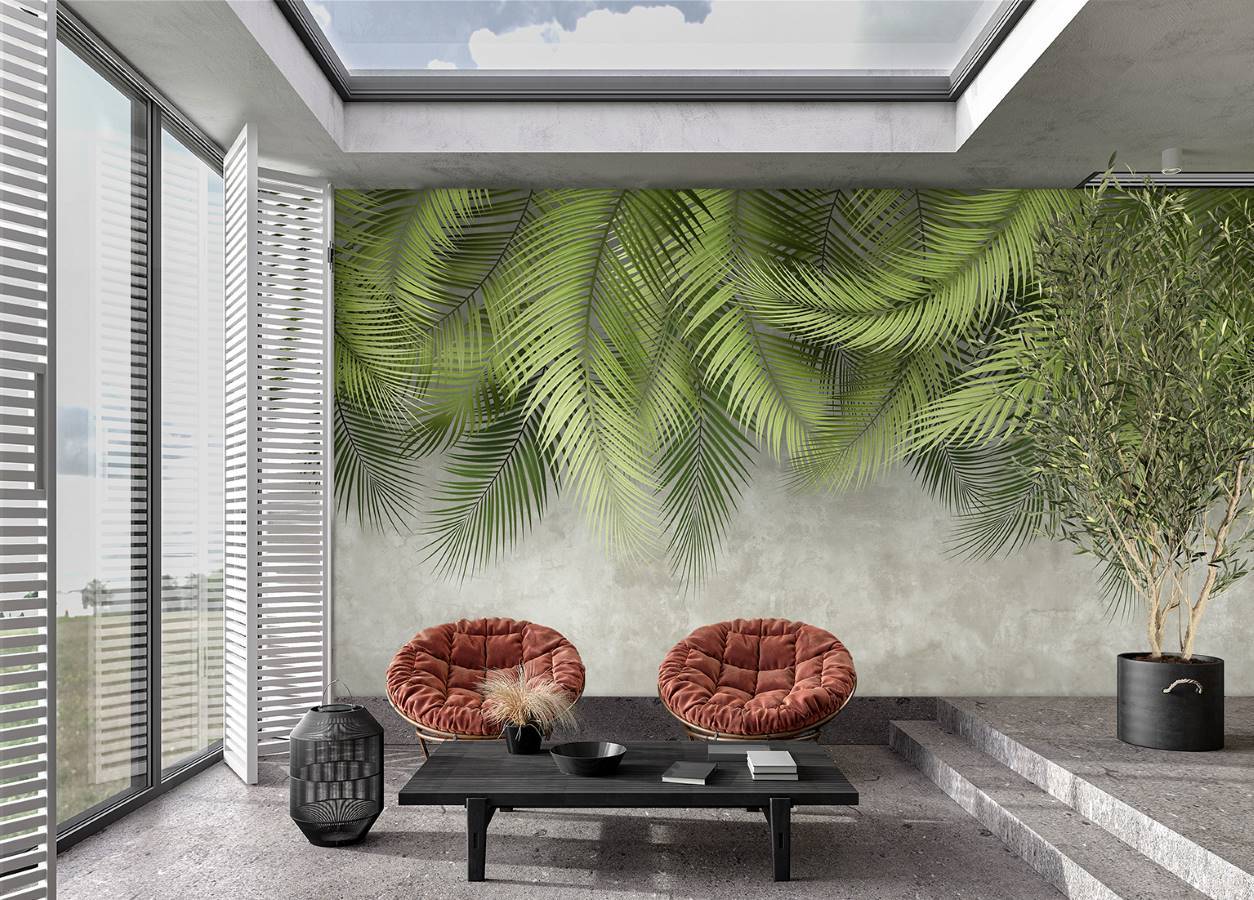 Papier peint feuille palmier et mur ciment - papier peint sur mesure francais - muralconcept