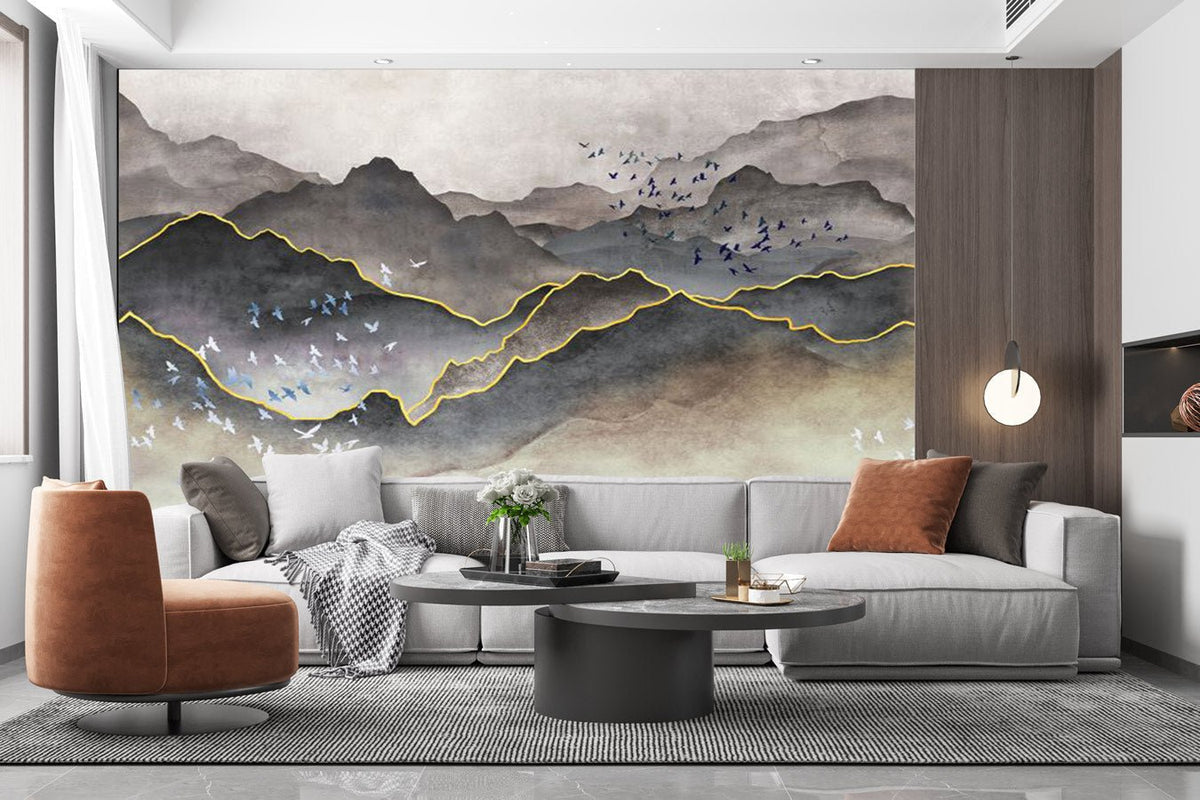 Carta da parati in tessuto non tessuto bianco e nero con nebbia d'oro di montagna