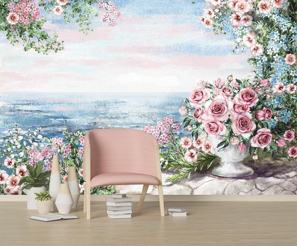Papier peint mer bordée de roses - papier peint sur mesure francais - muralconcept