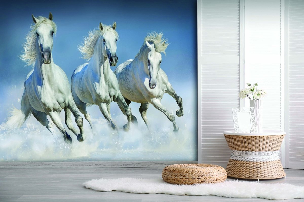 Papier peint panoramique chevaux blanc neige - papier peint sur mesure francais - muralconcept
