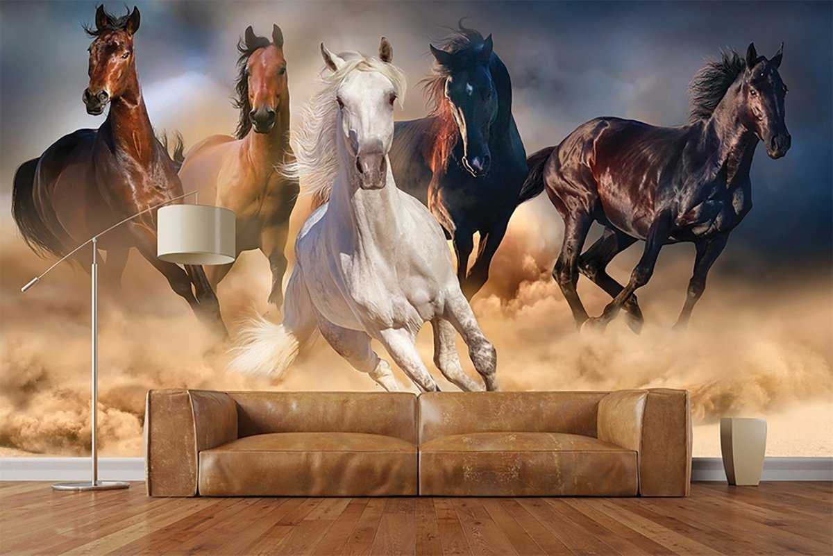 Papier peint panoramique chevaux désert - papier peint sur mesure francais - muralconcept