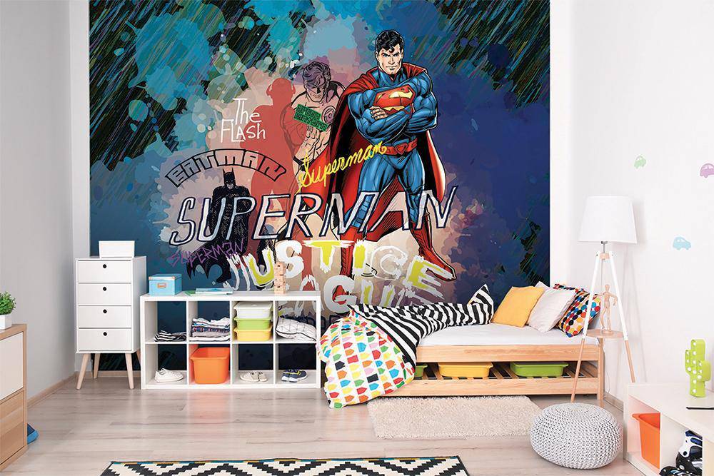 Papier peint panoramique justice league héro old school - papier peint sur mesure francais - muralconcept