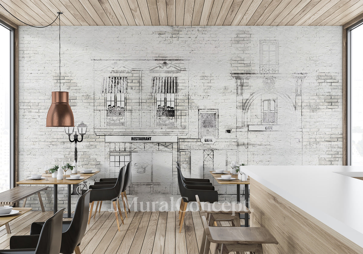 Carta da parati bistrot vintage facciata parigina