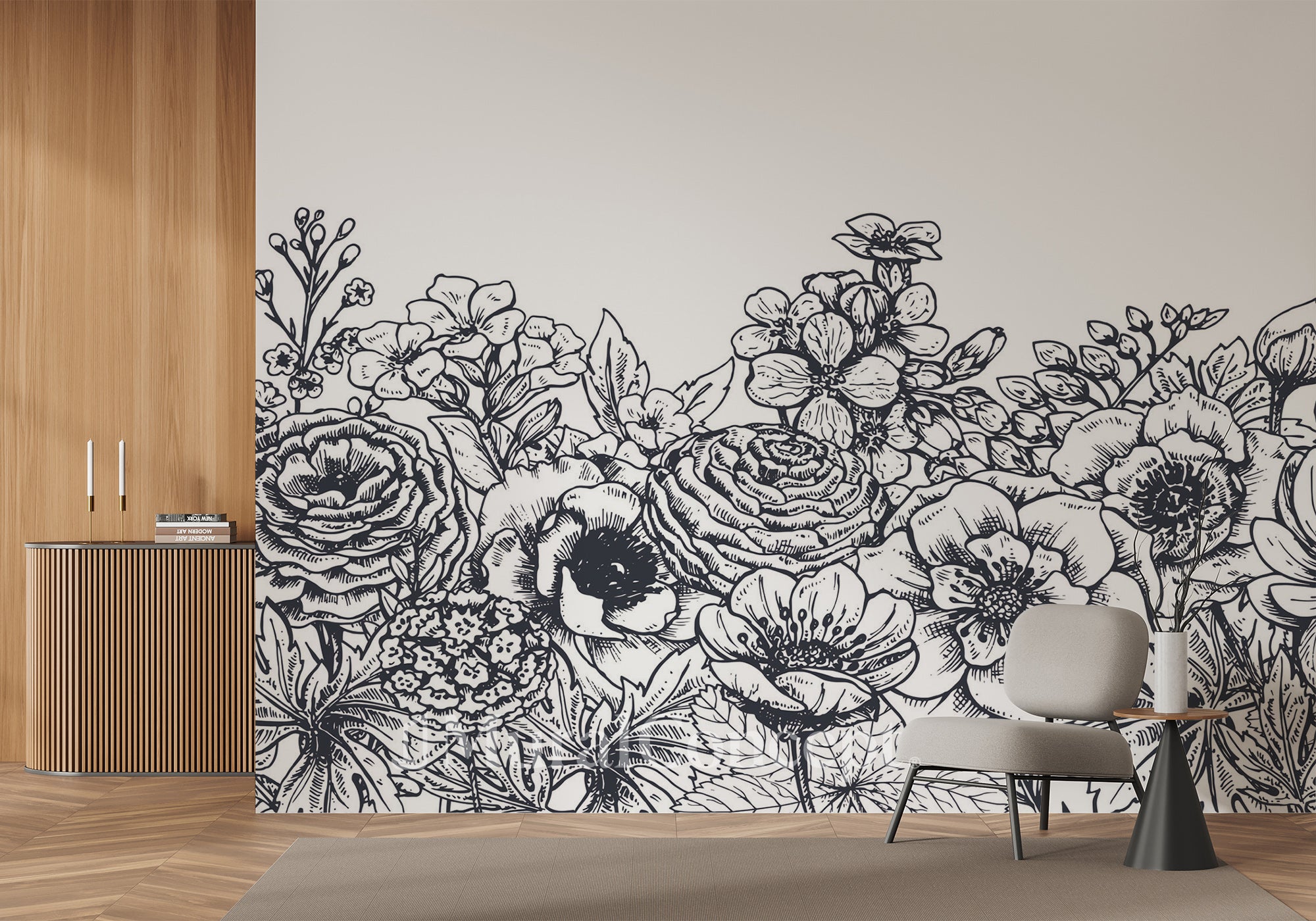 Papier peint bouquet floral noir et blanc - panoramique français