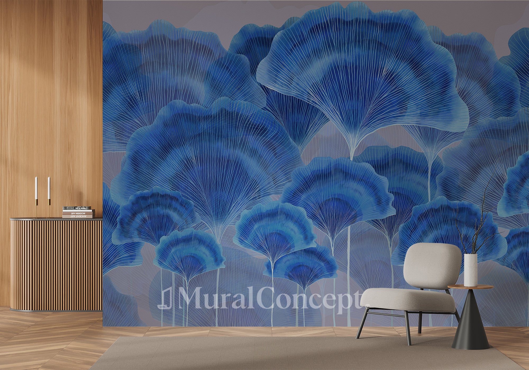 Papier peint contemporain ginkgo zen bleu - panoramique français