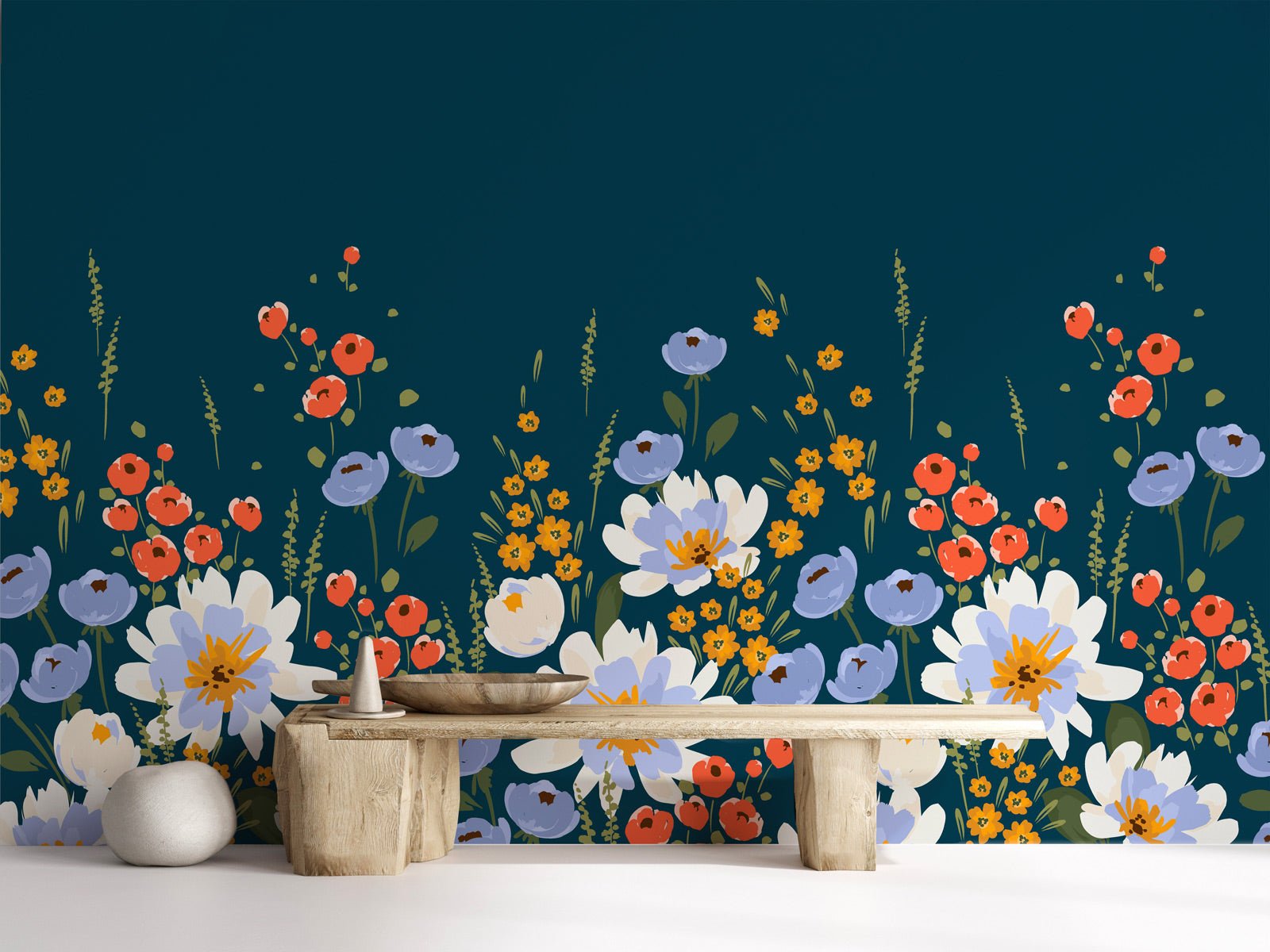 Papier peint panoramique bleu velours floral - panoramique français
