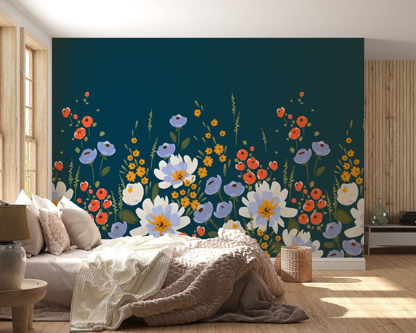 Papier peint panoramique bleu velours floral - panoramique français