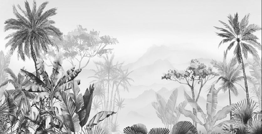 Papier peint salle de bain tendance tropical noir et blanc, XXL, tendance