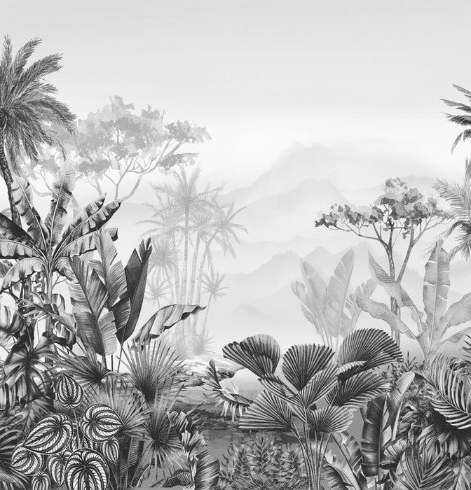 Carta da parati tropicale in bianco e nero di tendenza