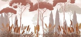 Carta da parati in terracotta con cipressi, pini ed erba della pampa