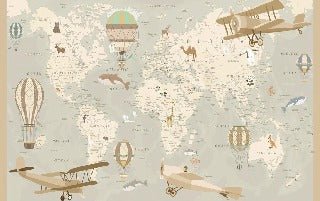 Papier peint enfant carte du monde aviateur