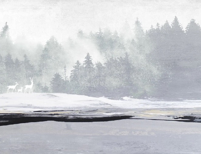 Carta da parati con foresta nebbiosa e cervi